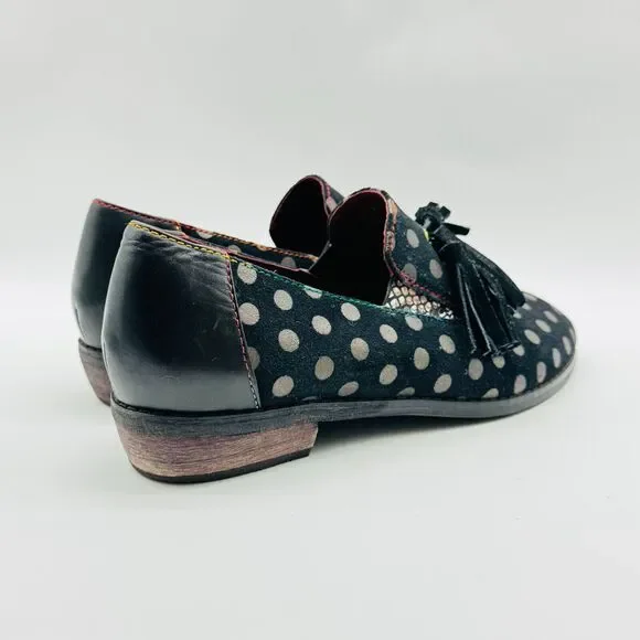 L'Artiste Shoes Womens 38 US 7.5 8 Black Gold Polka Dot Loafers Tassel Heels - Picture 7 of 13